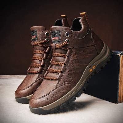 Men&#039;s Shoes Cotton-Padded Shoes with Velvet 2020 Winter High-Top Leisure Climbing Trendy Shoes Men&#039;s Trendy Wild Leather Shoes Autumn New