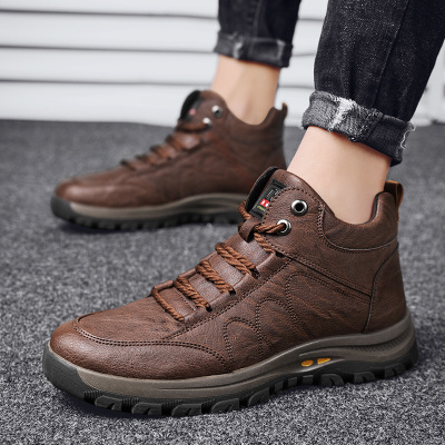 Men&#039;s Shoes Cotton-Padded Shoes with Velvet 2020 Winter High-Top Leisure Climbing Trendy Shoes Men&#039;s Trendy Wild Leather Shoes Autumn New