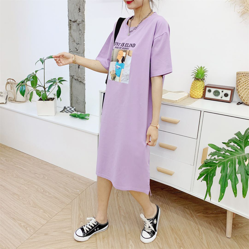 Long T-shirt Skirt Summer 2020 New Korean Style Internet Celebrity Mid-Length Loose Casual Print Knee-Length Short-Sleeved T-shirt Women's Fashion