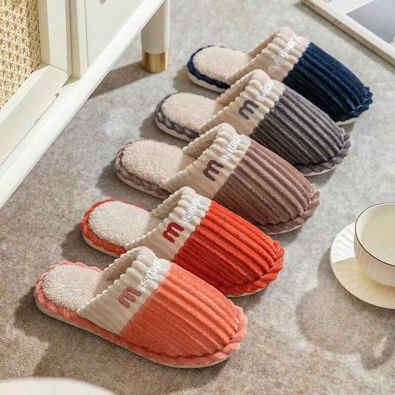 2021 New Autumn and Winter Home Sewing Shoes Korean Style Couple Corduroy Toe Covering Men and Women Cotton Slippers Spot Goods