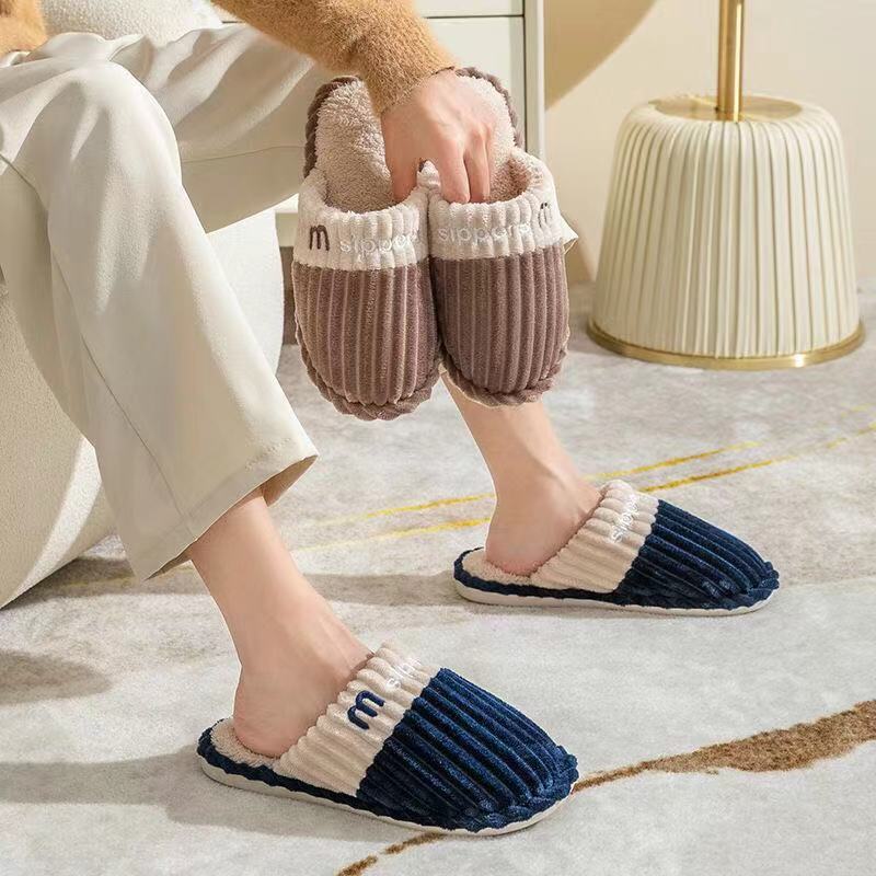2021 New Autumn and Winter Home Sewing Shoes Korean Style Couple Corduroy Toe Covering Men and Women Cotton Slippers Spot Goods