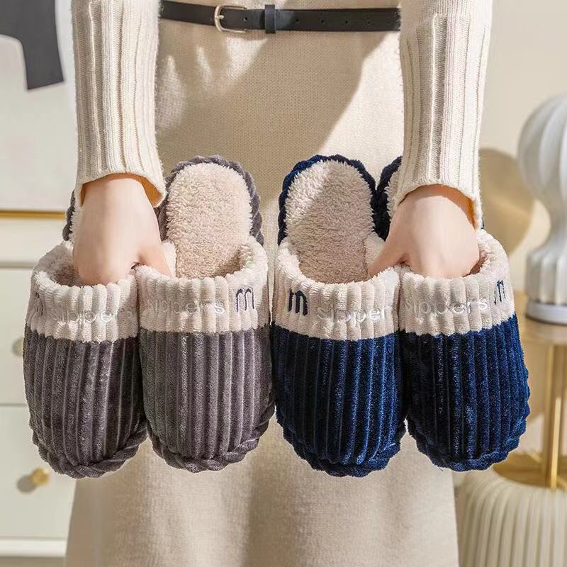 2021 New Autumn and Winter Home Sewing Shoes Korean Style Couple Corduroy Toe Covering Men and Women Cotton Slippers Spot Goods