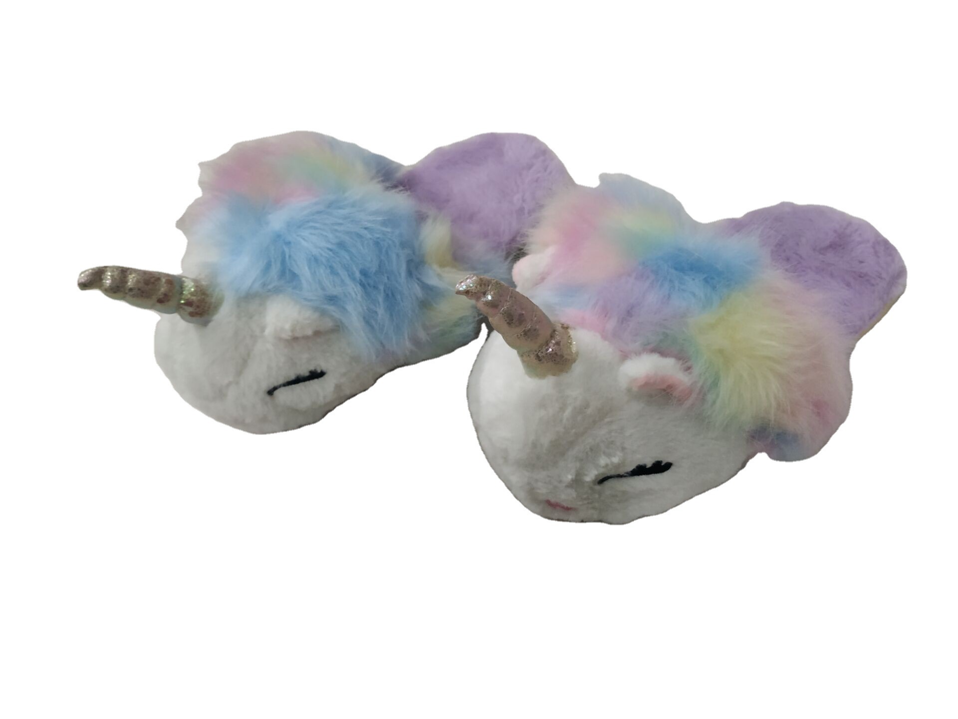 New Unicorn Colorful Rainbow Cute Long Fur Hard Bottom Home Warm Autumn and Winter Parent-Child Home Cartoon Cotton Slippers