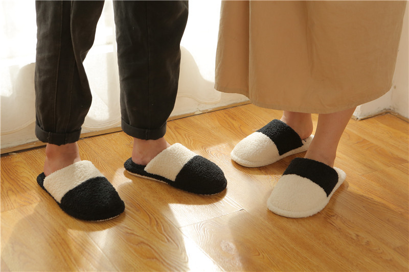 Winter Cotton Slippers Korean Style Simple Striped Color Matching Plush Indoor Non-Slip Warm Wear-Resistant Slippers Women's Home Couple Series