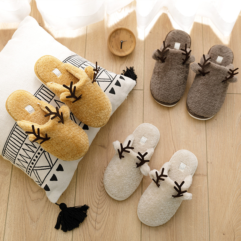 202020new Winter Home Men&#039;s Shoes Furry Breathable Cotton Home Confinement Shoes Wear-Resistant Warm Antler Cotton Slippers