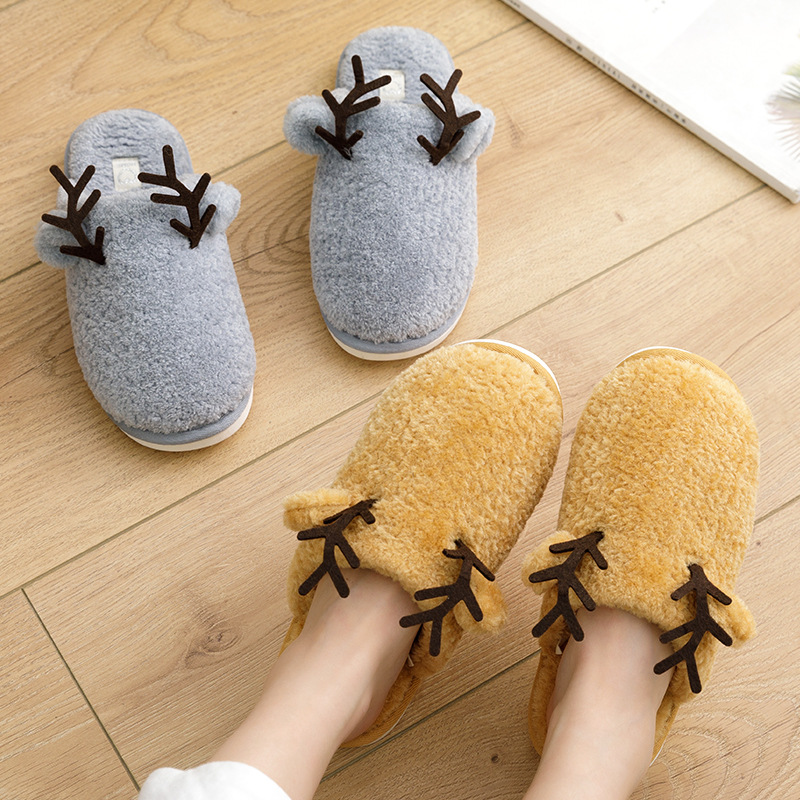202020new Winter Home Men&#039;s Shoes Furry Breathable Cotton Home Confinement Shoes Wear-Resistant Warm Antler Cotton Slippers