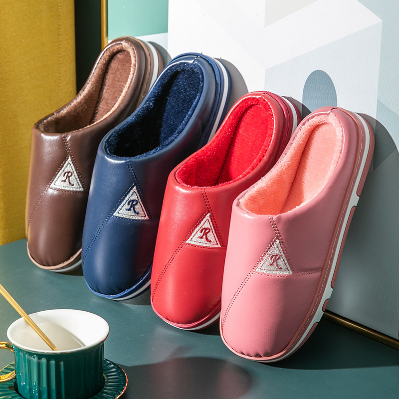 Cotton Slippers Women&#039;s Winter Waterproof PU Leather Slippers Couple Household Warm Slugged Bottom Indoor Non-Slip Fur Slippers Men&#039;s Winter