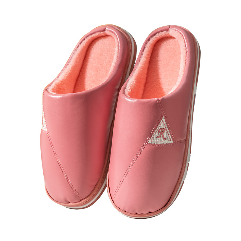 Cotton Slippers Women&#039;s Winter Waterproof PU Leather Slippers Couple Household Warm Slugged Bottom Indoor Non-Slip Fur Slippers Men&#039;s Winter