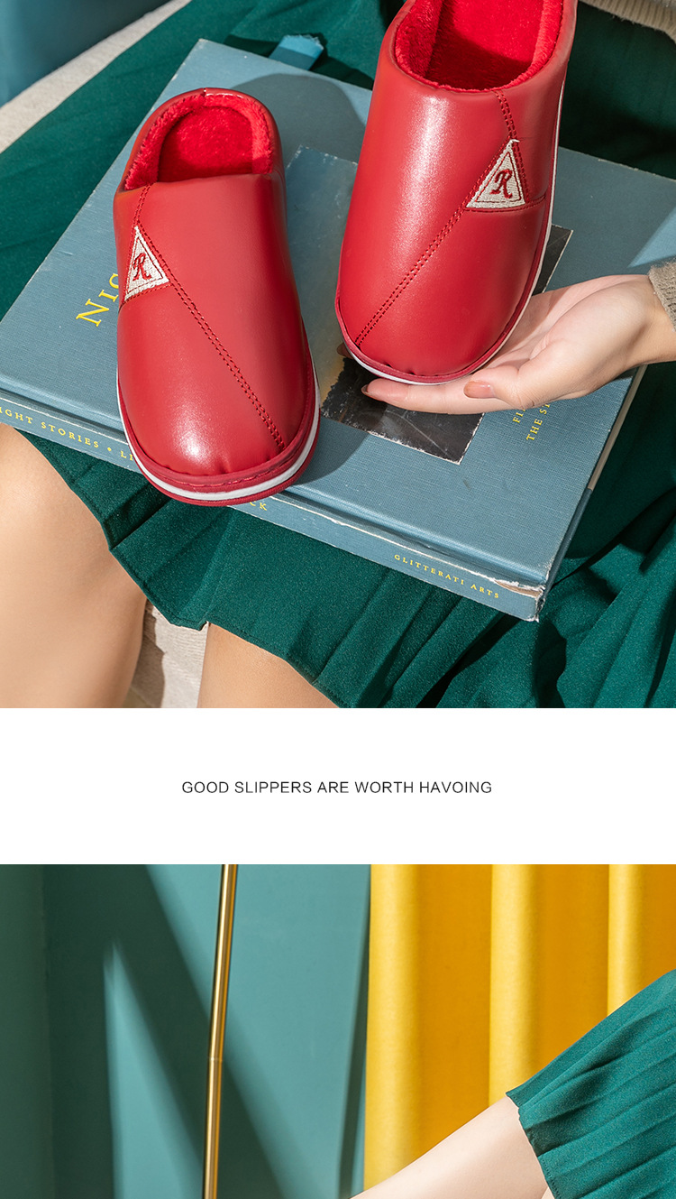 Cotton Slippers Women's Winter Waterproof PU Leather Slippers Couple Household Warm Slugged Bottom Indoor Non-Slip Fur Slippers Men's Winter