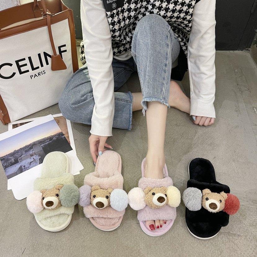 Cartoon Cute Bear Cute Female 2022 New Autumn and Winter Home Wear Velvet Word Cotton Slippers Amazon H