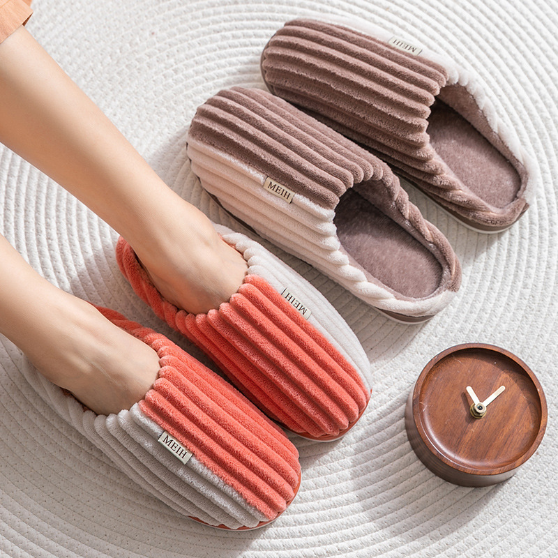 Autumn and Winter Couple Cotton Slippers Women&#039;s Indoor Corduroy Non-Slip Breathable Thick Bottom Home Men&#039;s Woolen Slipper Confinement Shoes