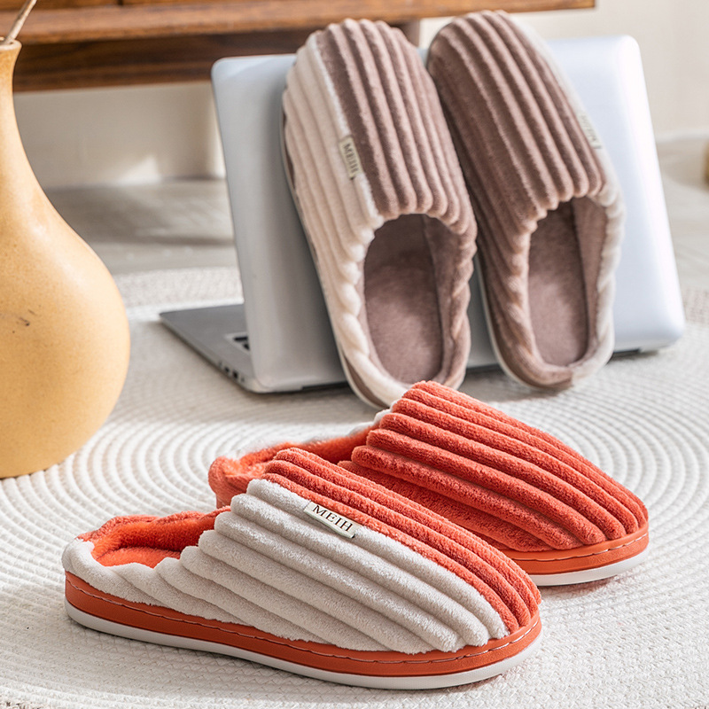 Autumn and Winter Couple Cotton Slippers Women&#039;s Indoor Corduroy Non-Slip Breathable Thick Bottom Home Men&#039;s Woolen Slipper Confinement Shoes