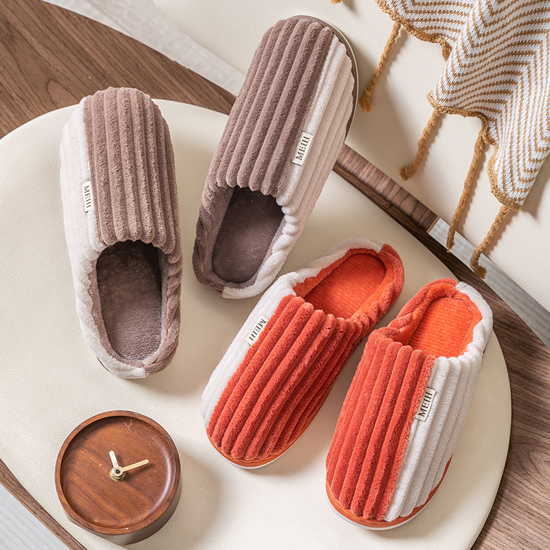 Autumn and Winter Couple Cotton Slippers Women&#039;s Indoor Corduroy Non-Slip Breathable Thick Bottom Home Men&#039;s Woolen Slipper Confinement Shoes