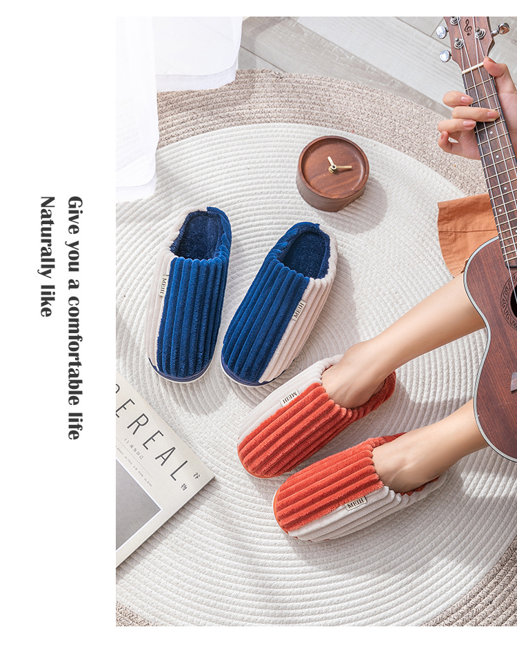 Autumn and Winter Couple Cotton Slippers Women's Indoor Corduroy Non-Slip Breathable Thick Bottom Home Men's Woolen Slipper Confinement Shoes
