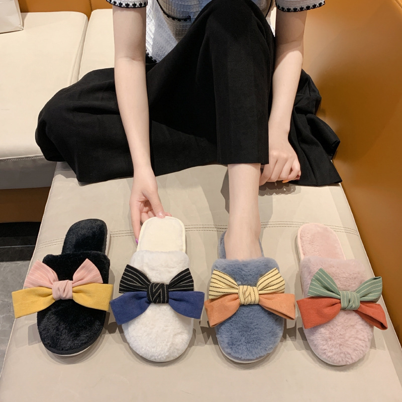 Cross-Border Amazon New Color-Blocking Bow Fluffy Slippers Women&#039;s Home Indoor Warm Plush Cotton Slippers Women&#039;s