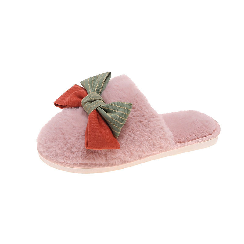 Cross-Border Amazon New Color-Blocking Bow Fluffy Slippers Women&#039;s Home Indoor Warm Plush Cotton Slippers Women&#039;s