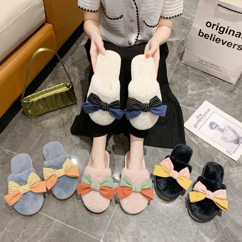 Cross-Border Amazon New Color-Blocking Bow Fluffy Slippers Women's Home Indoor Warm Plush Cotton Slippers Women's