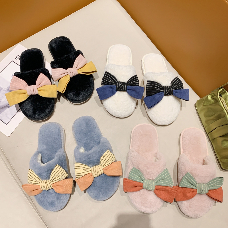 Cross-Border Amazon New Color-Blocking Bow Fluffy Slippers Women's Home Indoor Warm Plush Cotton Slippers Women's