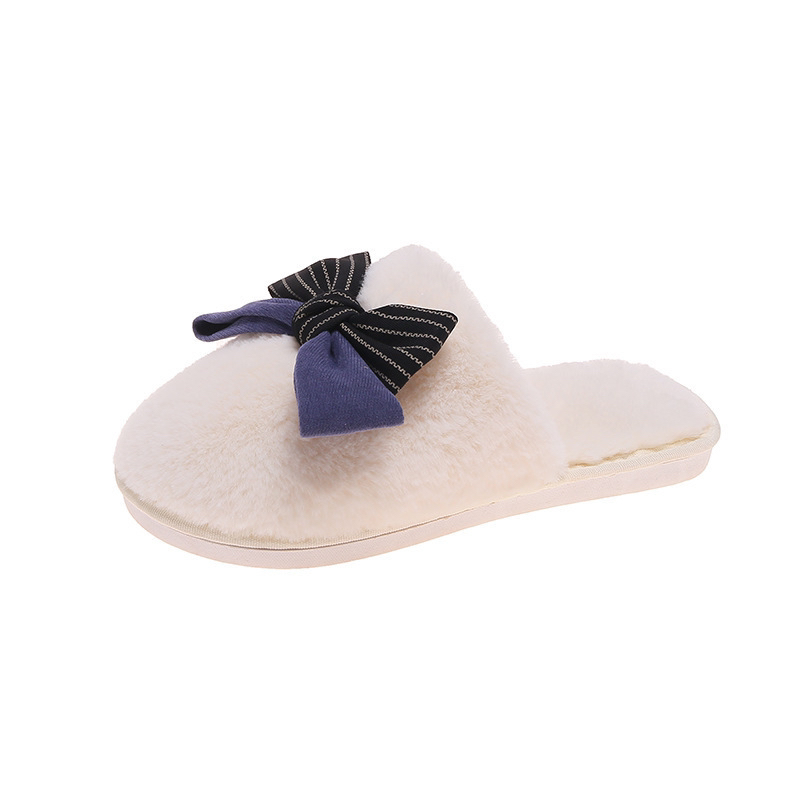 Cross-Border Amazon New Color-Blocking Bow Fluffy Slippers Women's Home Indoor Warm Plush Cotton Slippers Women's