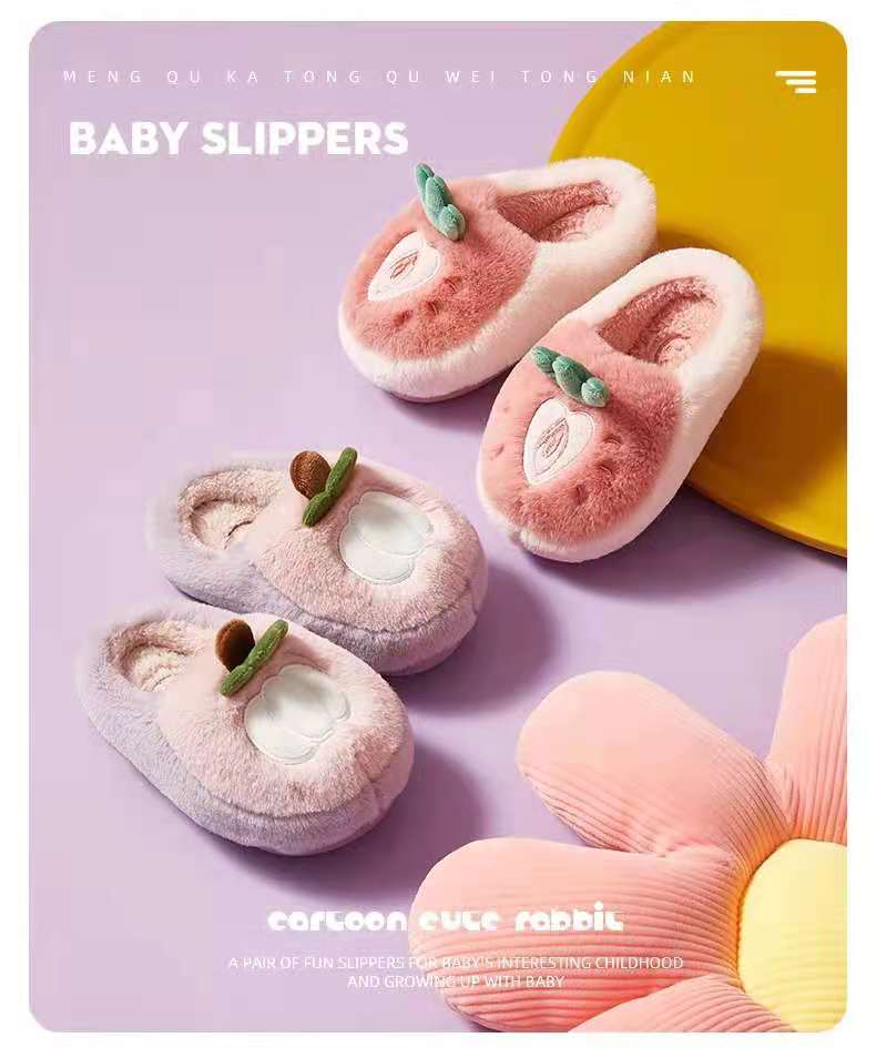 2021 New Children Cotton Slippers Girls Winter Home Warm Cartoon Strawberry Boys Middle Children Parent-Child Fluffy Slippers