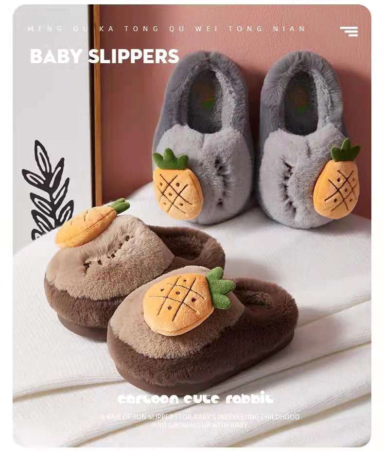2021 New Children Cotton Slippers Girls Winter Home Warm Cartoon Strawberry Boys Middle Children Parent-Child Fluffy Slippers