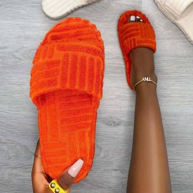 AliExpress European and American Foreign Trade Large Size Fluffy Slippers 2022 Autumn and Winter New Word Thick Bottom Women Embossed Cotton Slippers Women