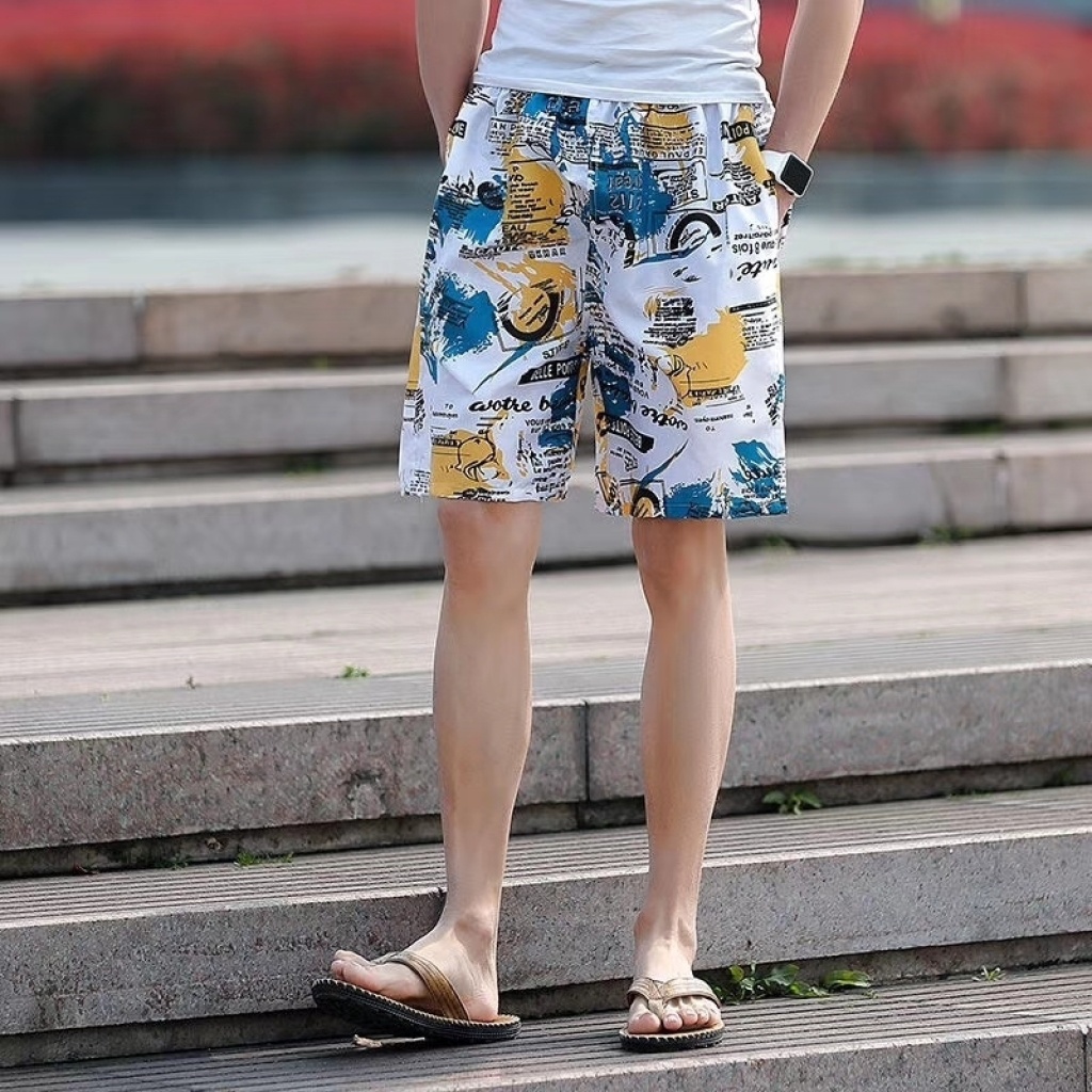 Men's Summer loose and quick-dry Pajama Pants Men's Beach Pants sports Pants five minutes flower shorts Casual big pants