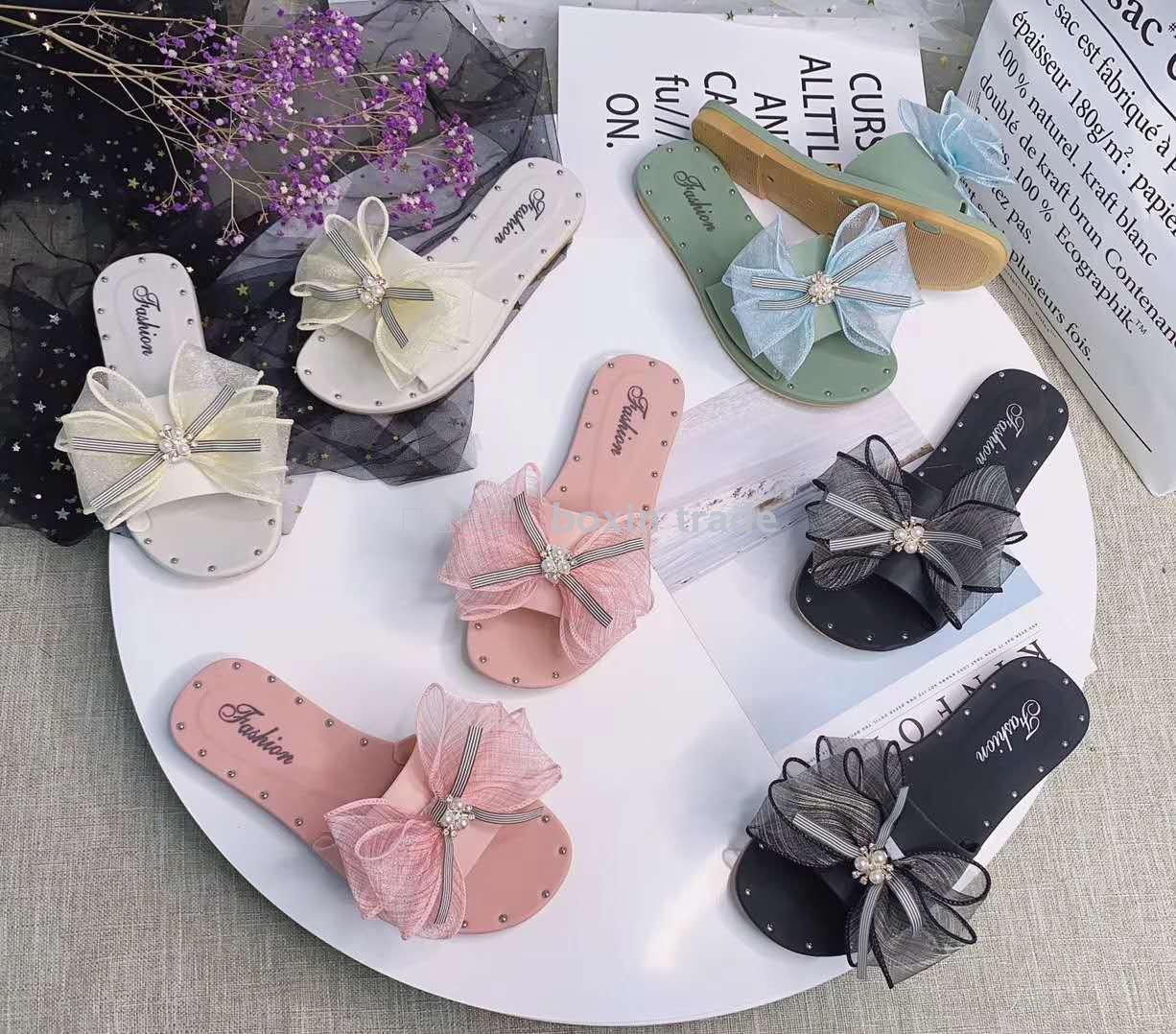 Ladies wear web celebrity stylish ladies slippers with non-slip sponge soles bow summer beach shoes