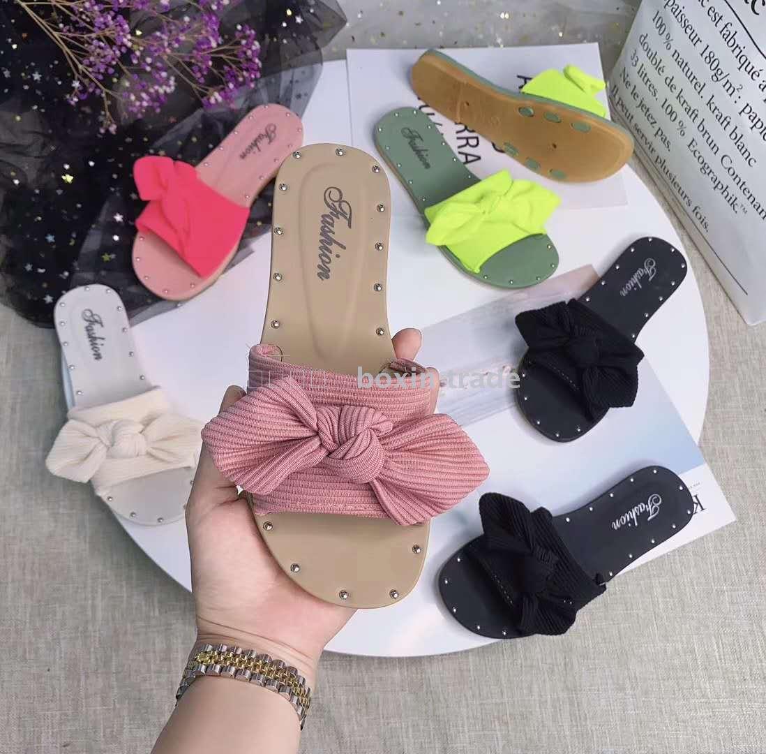 Ladies wear web celebrity stylish ladies slippers with non-slip sponge soles bow summer beach shoes