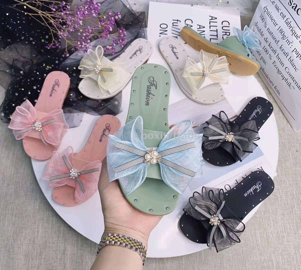 Ladies wear web celebrity stylish ladies slippers with non-slip sponge soles bow summer beach shoes