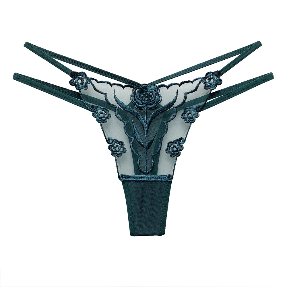 European and American Sexy Embroidered Women&#039;s T-Back Transparent Mesh Thin Belt Temptation Seamless Underwear Women&#039;s Hot T-Shaped Panties Plus Size