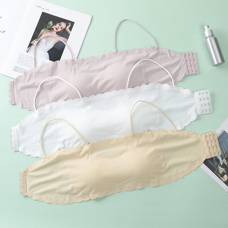 Spaghetti Strap Strapless Bra and Undershirt Bandeau Sling Sports Bra One Piece Ice Silk Seamless Underwear Tube Women