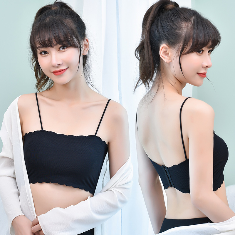 Spaghetti Strap Strapless Bra and Undershirt Bandeau Sling Sports Bra One Piece Ice Silk Seamless Underwear Tube Women