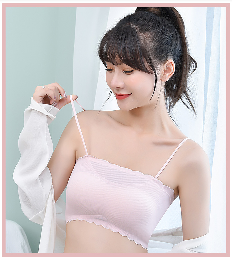 Spaghetti Strap Strapless Bra and Undershirt Bandeau Sling Sports Bra One Piece Ice Silk Seamless Underwear Tube Women
