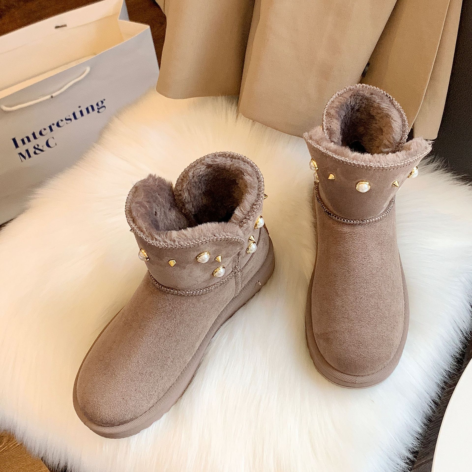 2021new Winter Korean Style Fashion round Toe Solidcolor Mid-Calf Length Haoyang Snow Boots Flat Warm Women's Fashionable Boots