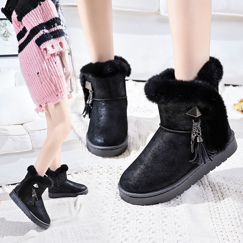 2020 Autumn and Winter New Rhinestone Buckle Women&#039;s Cotton Shoes Foreign Trade Export Fashion Fur Snow Boots Mid-Calf Length Thermal