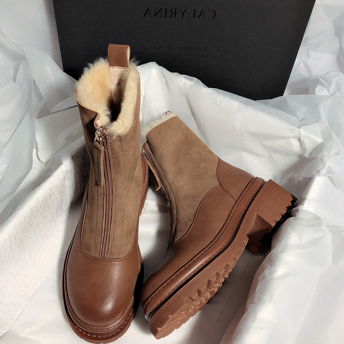 New Matte Leather Thick-Soled Korean-Style Mid-Calf High-Top round Head Ankle Boots Fur Snow Boots for Women