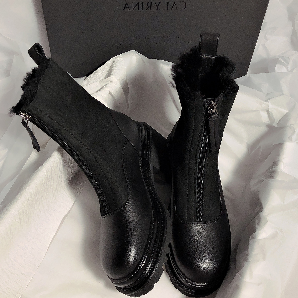 New Matte Leather Thick-Soled Korean-Style Mid-Calf High-Top round Head Ankle Boots Fur Snow Boots for Women