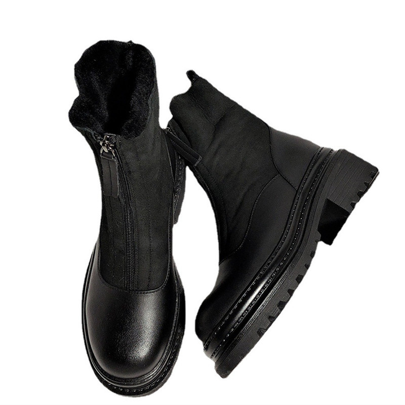 New Matte Leather Thick-Soled Korean-Style Mid-Calf High-Top round Head Ankle Boots Fur Snow Boots for Women
