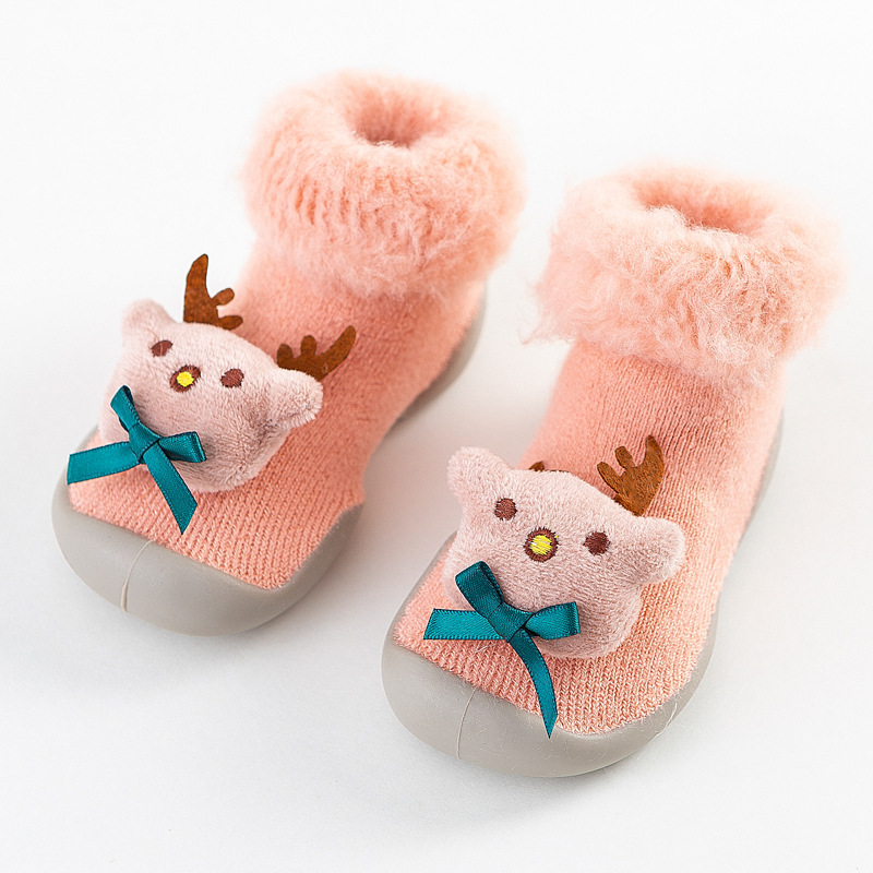 Christmas Brushed and Thick Toddler Shoes Socks Indoor and Outdoor Rubber Sole Non-Slip Warm Snow Boots Socks Children Baby Doll Shoes