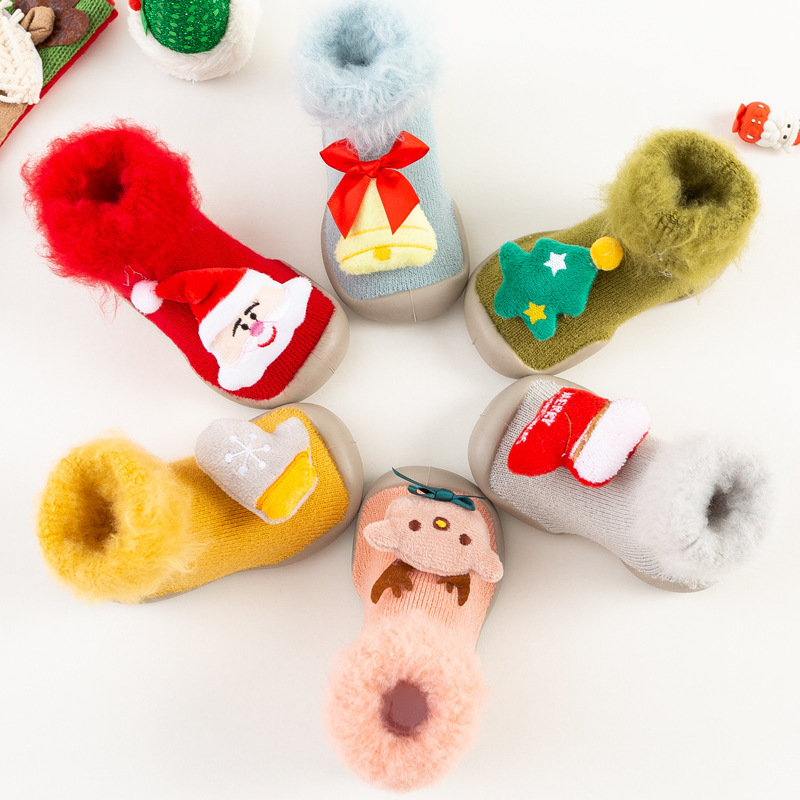 Christmas Brushed and Thick Toddler Shoes Socks Indoor and Outdoor Rubber Sole Non-Slip Warm Snow Boots Socks Children Baby Doll Shoes