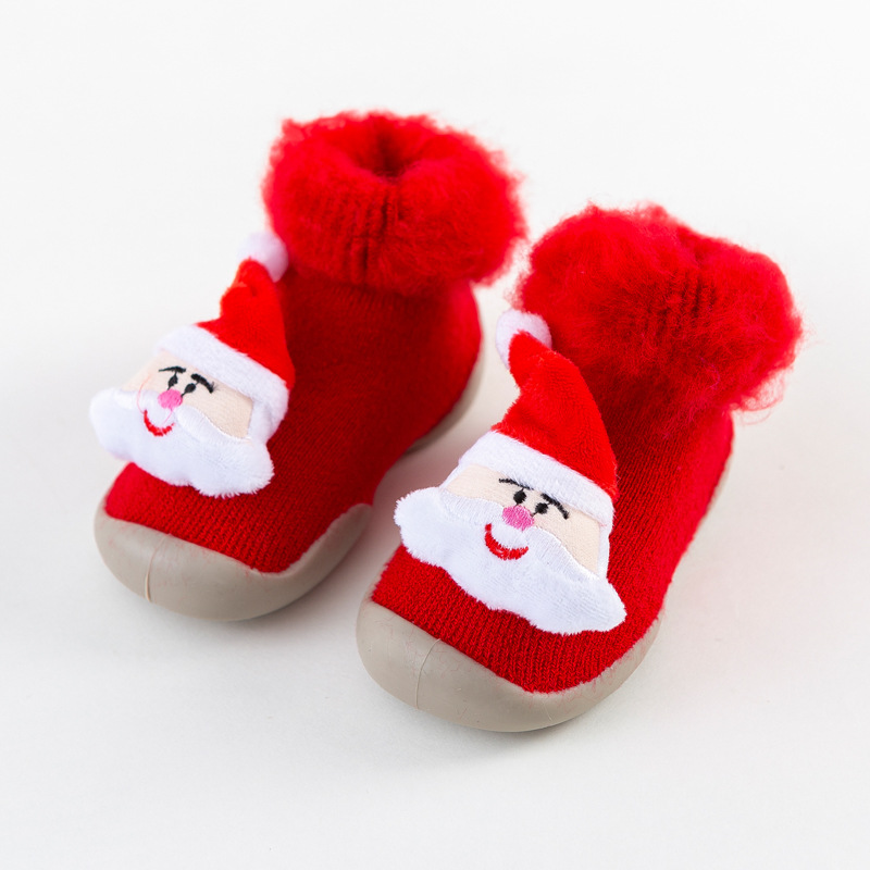 Christmas Brushed and Thick Toddler Shoes Socks Indoor and Outdoor Rubber Sole Non-Slip Warm Snow Boots Socks Children Baby Doll Shoes