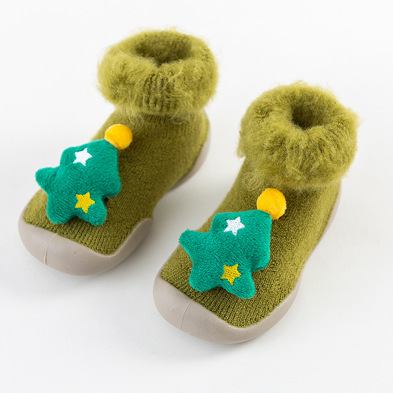 Christmas Brushed and Thick Toddler Shoes Socks Indoor and Outdoor Rubber Sole Non-Slip Warm Snow Boots Socks Children Baby Doll Shoes