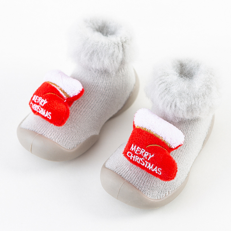 Christmas Brushed and Thick Toddler Shoes Socks Indoor and Outdoor Rubber Sole Non-Slip Warm Snow Boots Socks Children Baby Doll Shoes