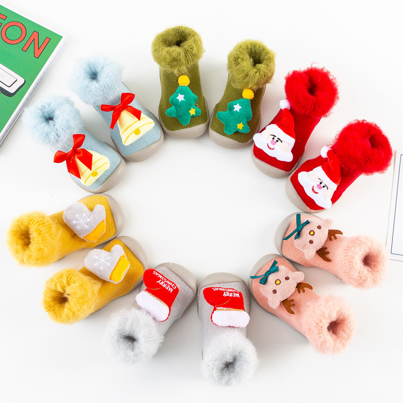 Christmas Brushed and Thick Toddler Shoes Socks Indoor and Outdoor Rubber Sole Non-Slip Warm Snow Boots Socks Children Baby Doll Shoes