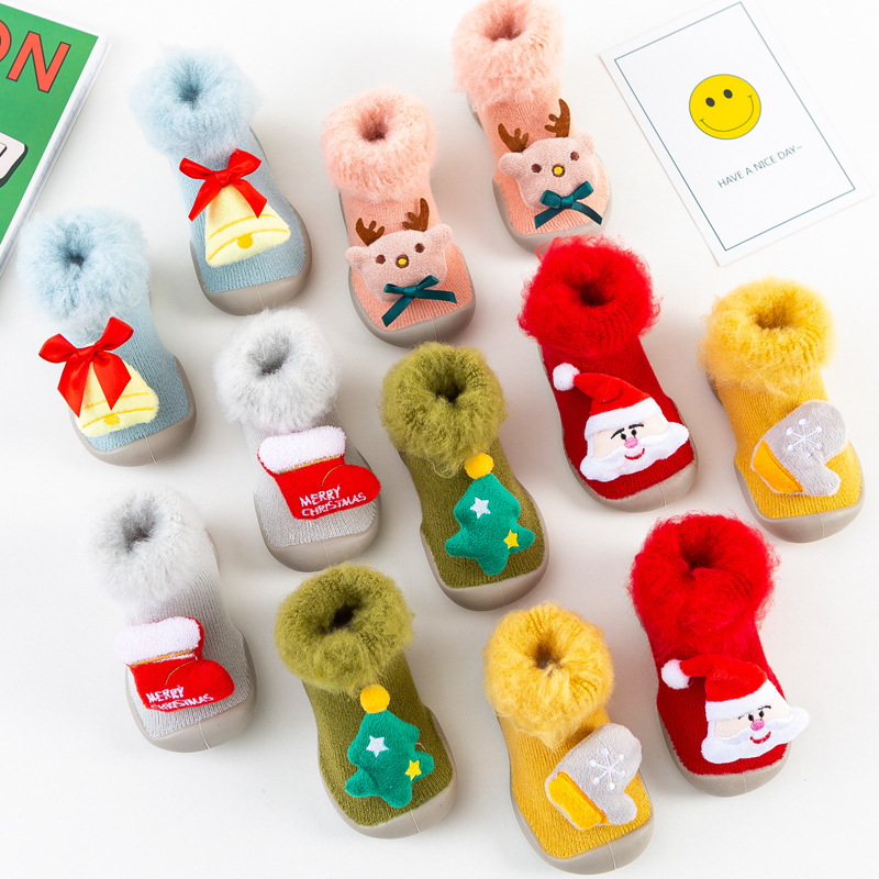 Christmas Brushed and Thick Toddler Shoes Socks Indoor and Outdoor Rubber Sole Non-Slip Warm Snow Boots Socks Children Baby Doll Shoes