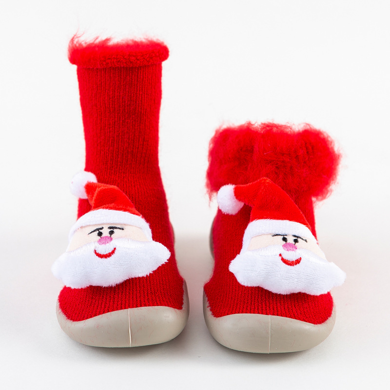 Christmas Brushed and Thick Toddler Shoes Socks Indoor and Outdoor Rubber Sole Non-Slip Warm Snow Boots Socks Children Baby Doll Shoes