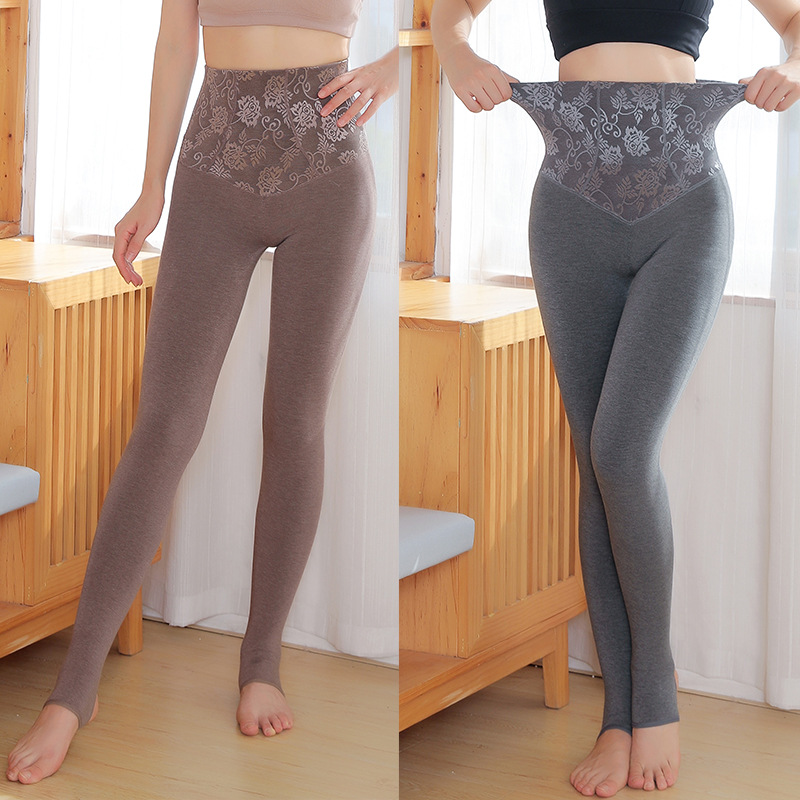 Cotton High Waist Belly Compression Leggings Jacquard Shaping Fleece Lined Leggings Hip Raise Shaping Pants Autumn and Winter Waist Shaping Skinny