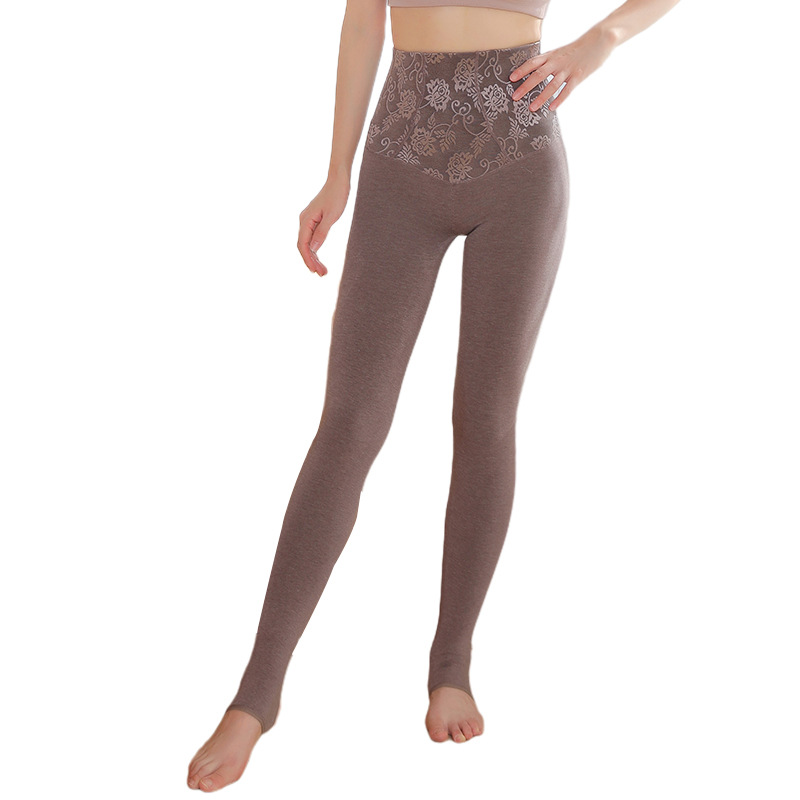 Cotton High Waist Belly Compression Leggings Jacquard Shaping Fleece Lined Leggings Hip Raise Shaping Pants Autumn and Winter Waist Shaping Skinny