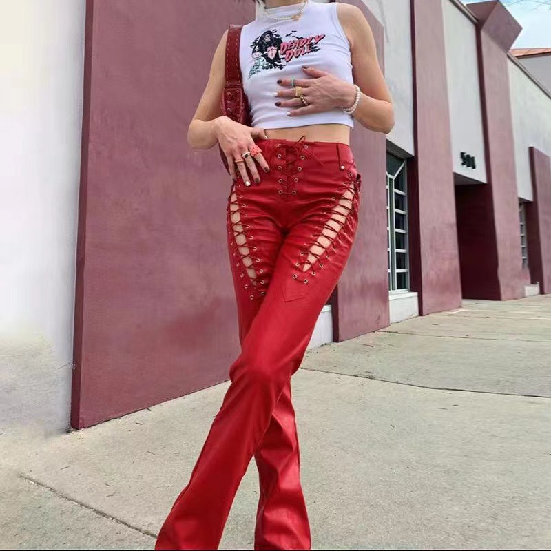 2021 European and American Fashion &amp; Trend Women&#039;s New High Waist Hollow-out Strap Straight Ankle Tied Slim Fit Slim and Sexy Leather Pants
